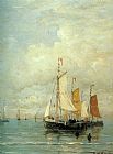 Hendrik Willem Mesdag Canvas Paintings - A Moored Fishing Fleet
